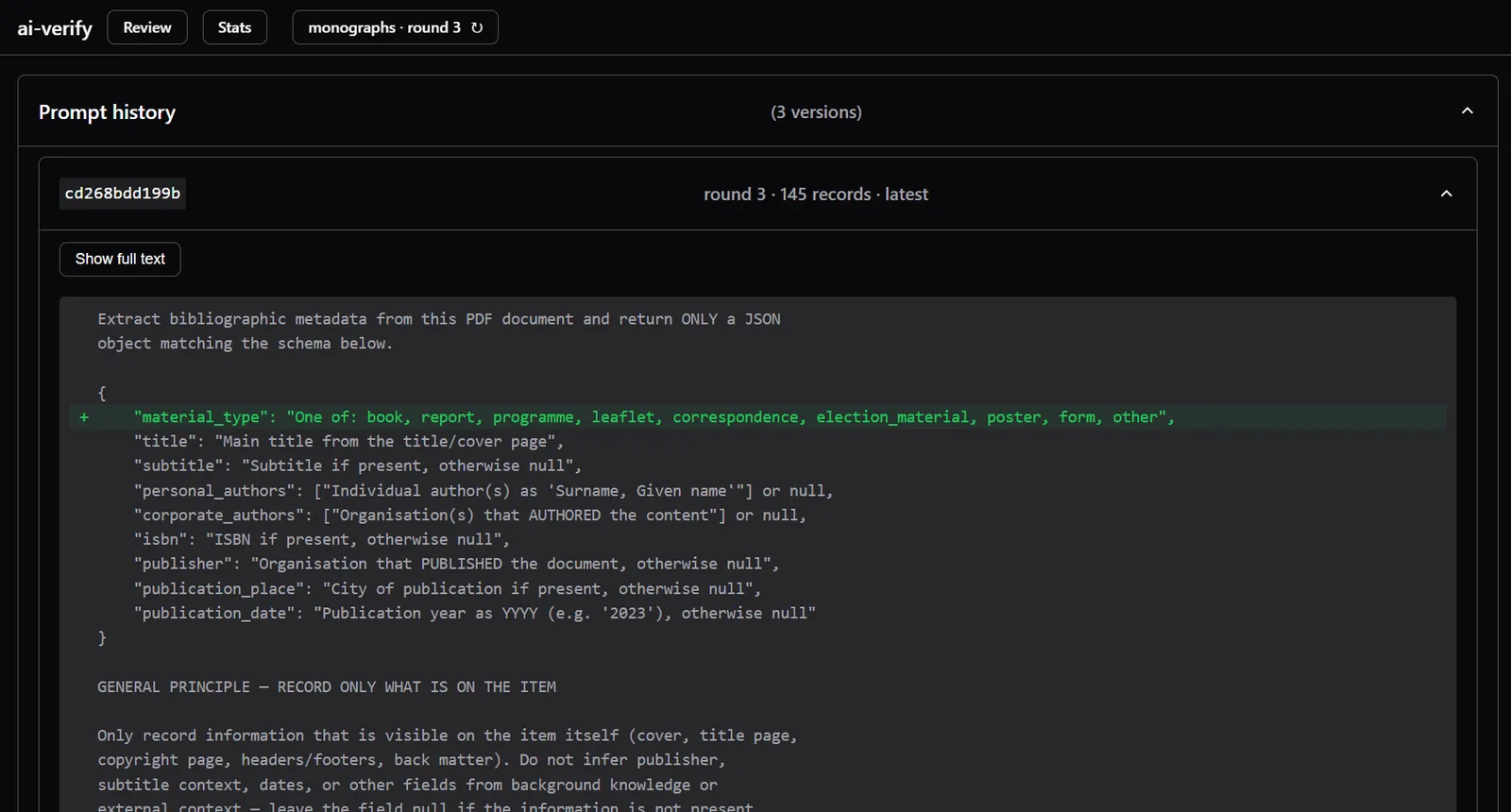 A screenshot of a prompt, showing a green diff