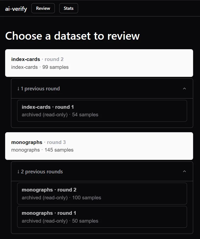 A screenshot of the list of dataset rounds